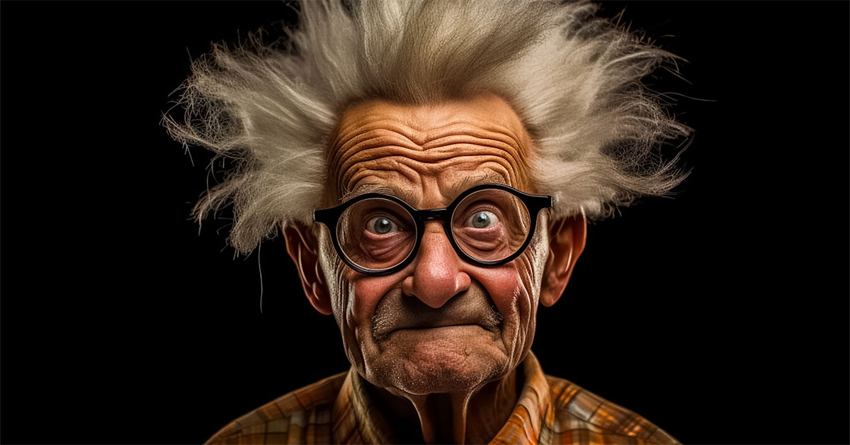 Äldre man med vild frisyr